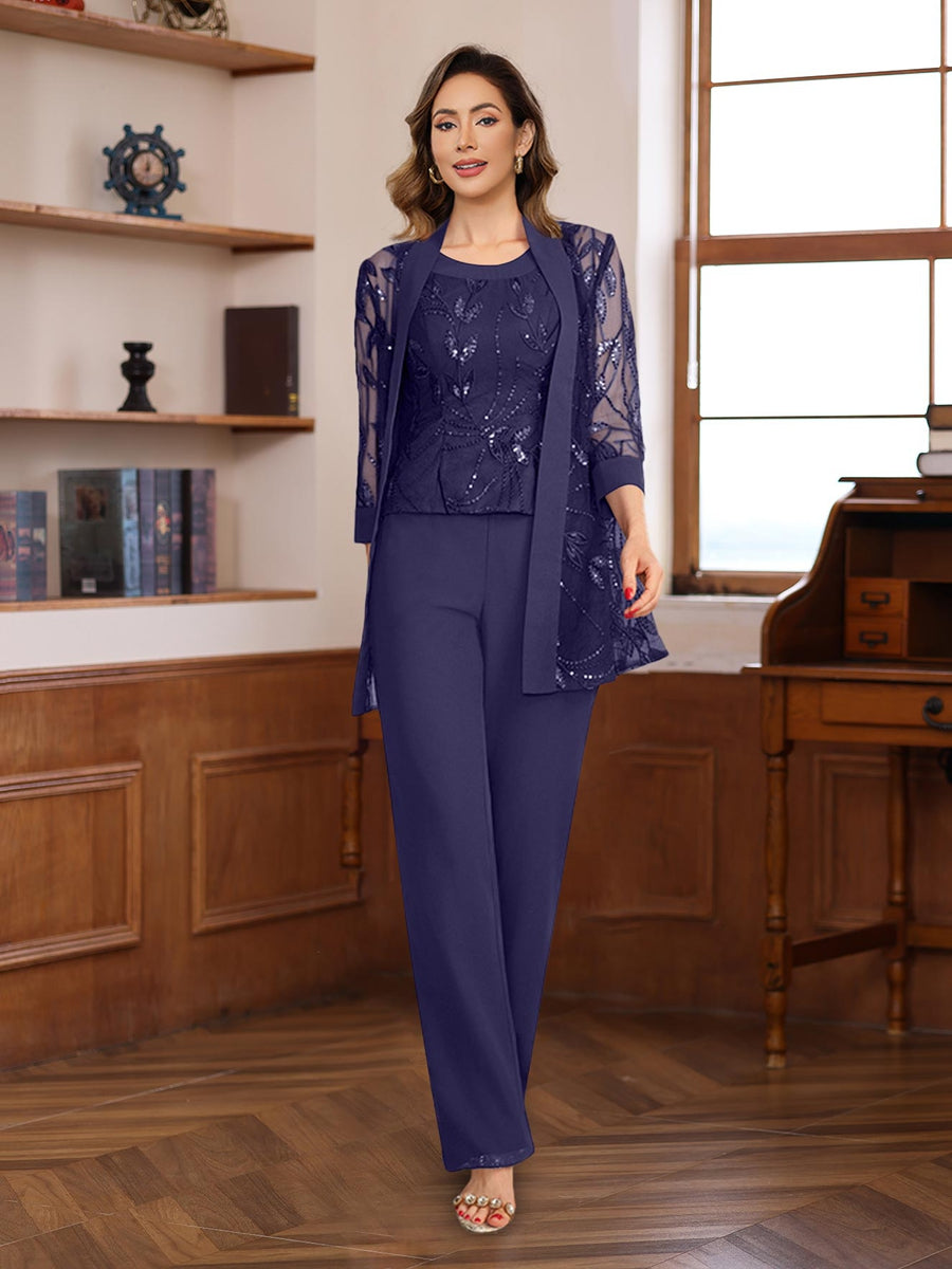 3 Pieces Chiffon Round Neck Floor-Length Mother of the Bride Pantsuits with Sequins