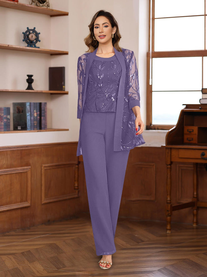 3 Pieces Chiffon Round Neck Floor-Length Mother of the Bride Pantsuits with Sequins