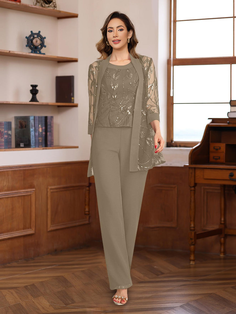 3 Pieces Chiffon Round Neck Floor-Length Mother of the Bride Pantsuits with Sequins