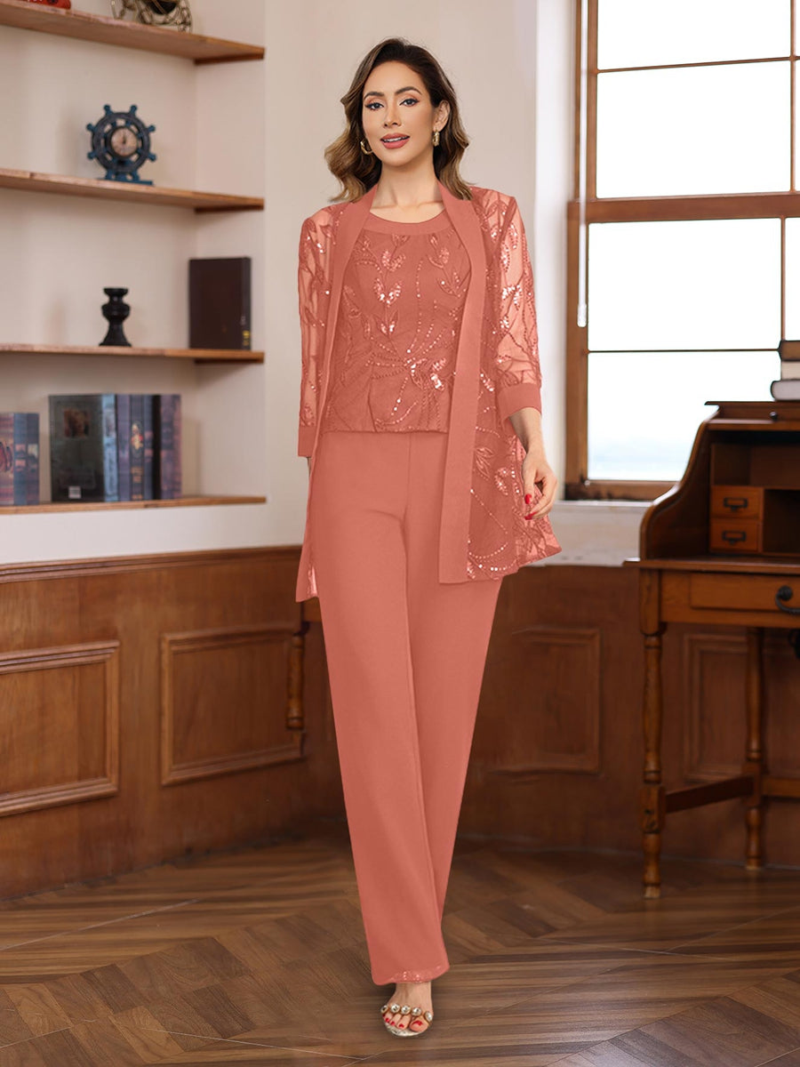 3 Pieces Chiffon Round Neck Floor-Length Mother of the Bride Pantsuits with Sequins