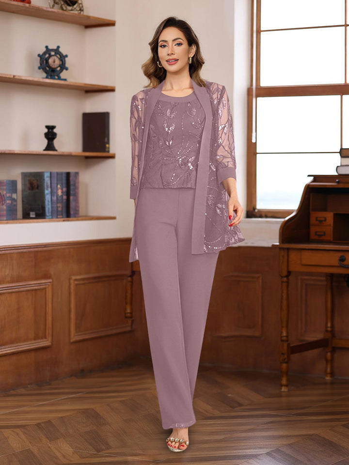3 Pieces Chiffon Round Neck Floor-Length Mother of the Bride Pantsuits with Sequins