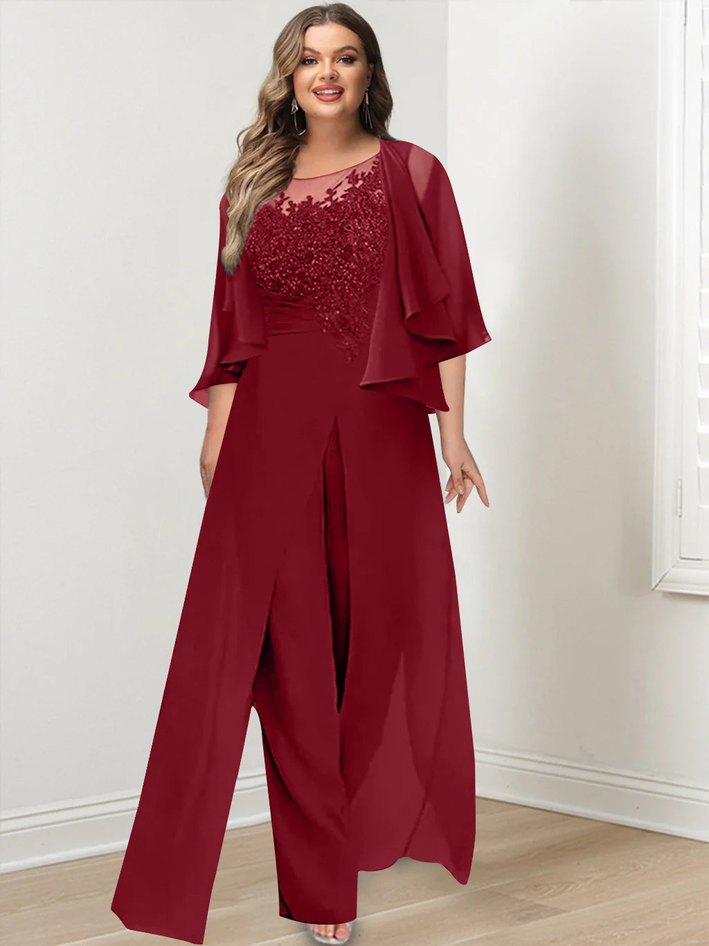 A-Line/Princess Scoop Floor-Length Plus Size Mother of the Bride Jumpsuits with Jacket, Split Side & Appliques