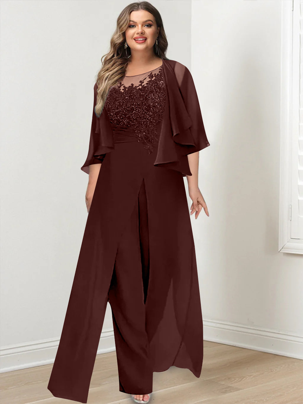 A-Line/Princess Scoop Floor-Length Plus Size Mother of the Bride Jumpsuits with Jacket, Split Side & Appliques