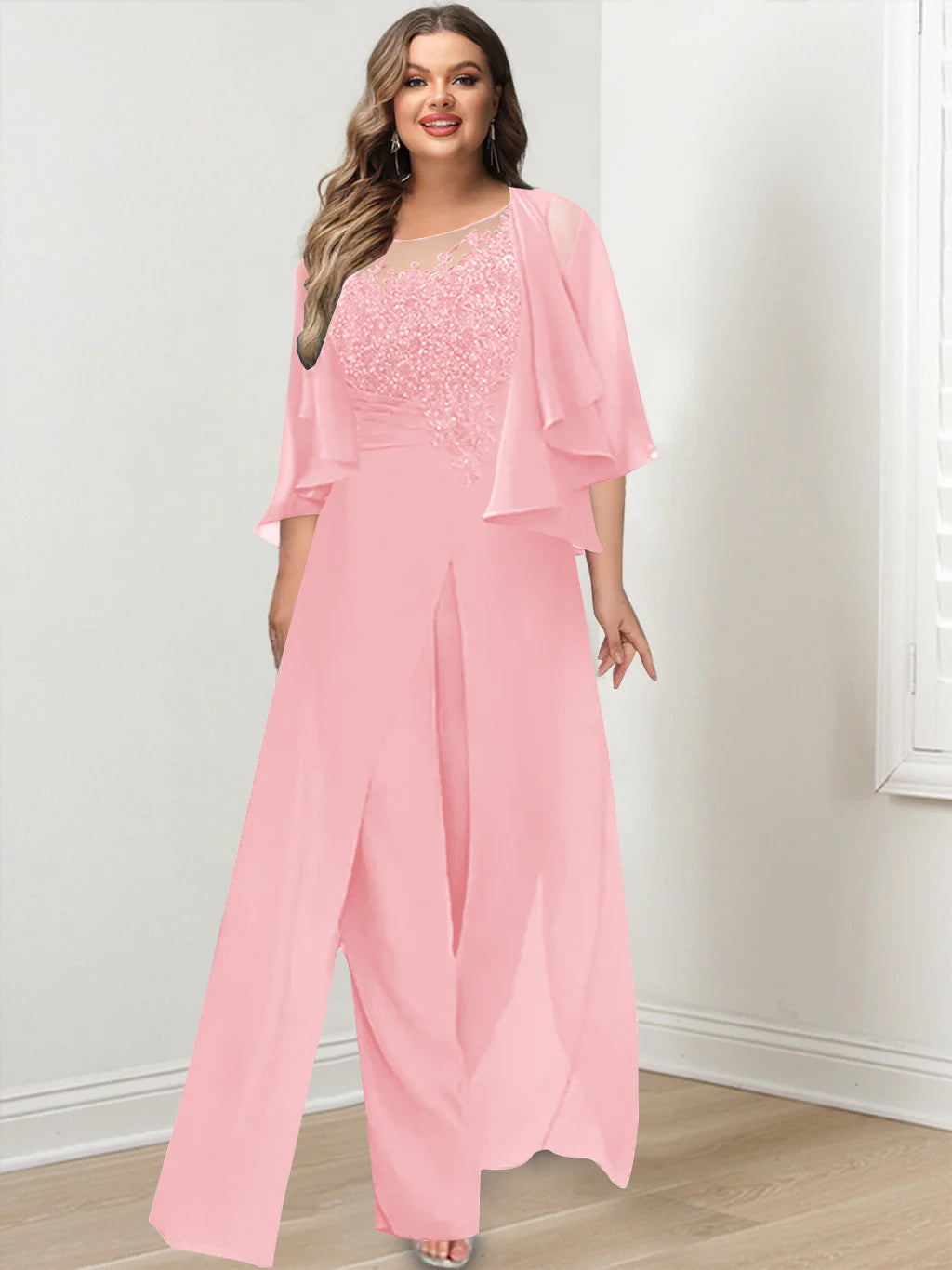 A-Line/Princess Scoop Floor-Length Plus Size Mother of the Bride Jumpsuits with Jacket, Split Side & Appliques