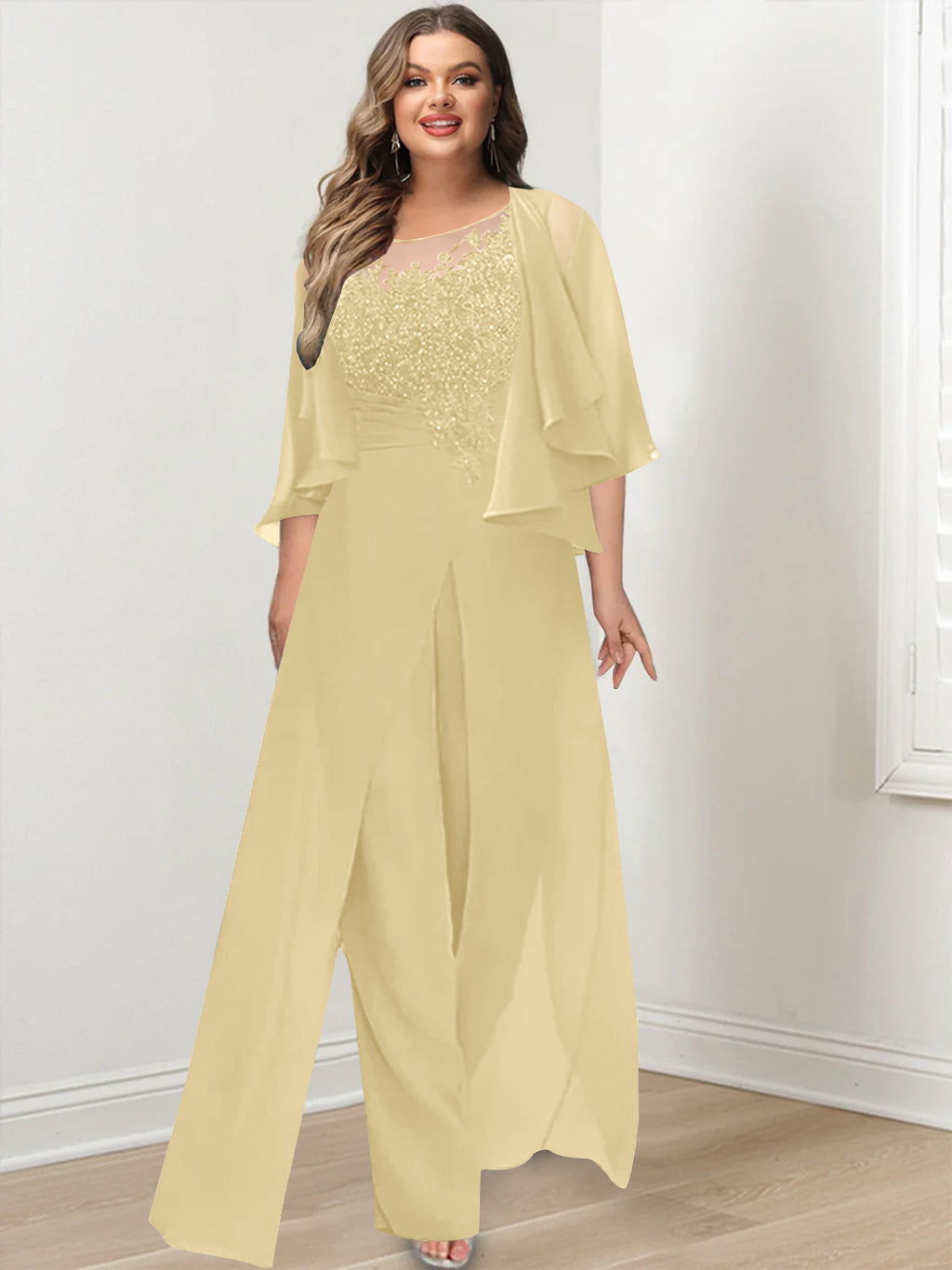 A-Line/Princess Scoop Floor-Length Plus Size Mother of the Bride Jumpsuits with Jacket, Split Side & Appliques