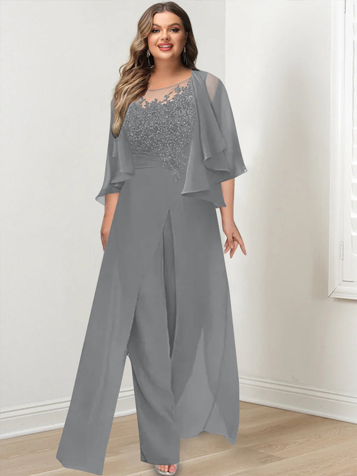 A-Line/Princess Scoop Floor-Length Plus Size Mother of the Bride Jumpsuits with Jacket, Split Side & Appliques