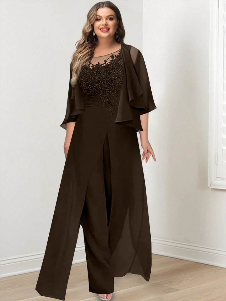 A-Line/Princess Scoop Floor-Length Plus Size Mother of the Bride Jumpsuits with Jacket, Split Side & Appliques