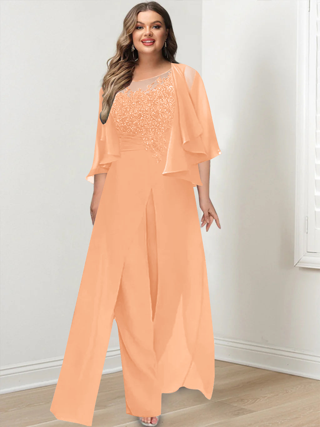 A-Line/Princess Scoop Floor-Length Plus Size Mother of the Bride Jumpsuits with Jacket, Split Side & Appliques