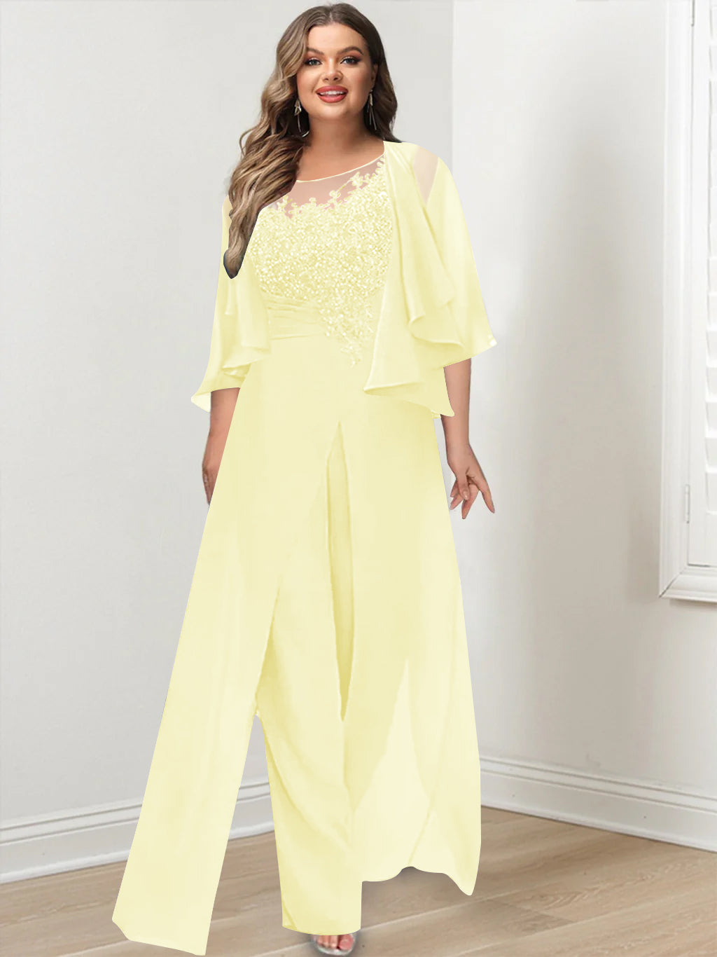 A-Line/Princess Scoop Floor-Length Plus Size Mother of the Bride Jumpsuits with Jacket, Split Side & Appliques
