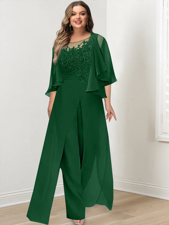 A-Line/Princess Scoop Floor-Length Plus Size Mother of the Bride Jumpsuits with Jacket, Split Side & Appliques