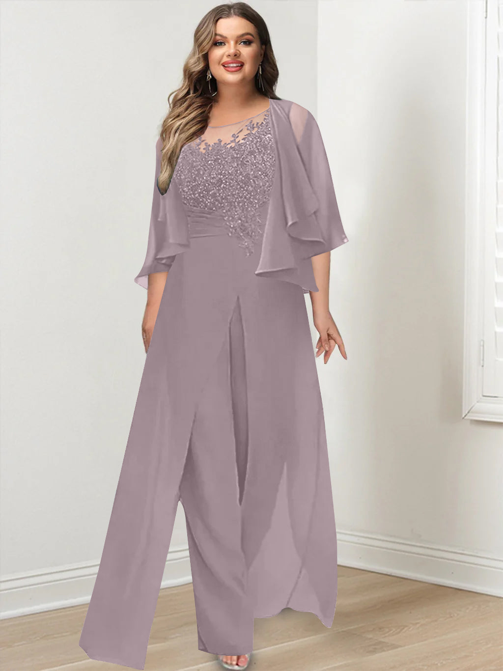 A-Line/Princess Scoop Floor-Length Plus Size Mother of the Bride Jumpsuits with Jacket, Split Side & Appliques