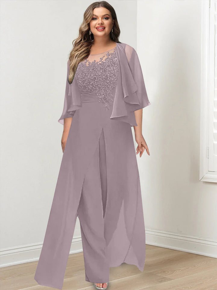 A-Line/Princess Scoop Floor-Length Plus Size Mother of the Bride Jumpsuits with Jacket, Split Side & Appliques