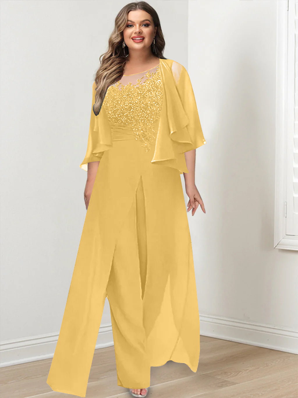 A-Line/Princess Scoop Floor-Length Plus Size Mother of the Bride Jumpsuits with Jacket, Split Side & Appliques