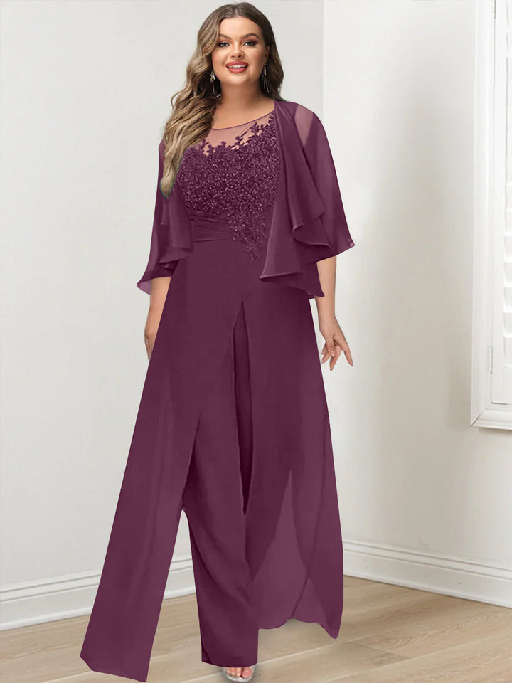 A-Line/Princess Scoop Floor-Length Plus Size Mother of the Bride Jumpsuits with Jacket, Split Side & Appliques