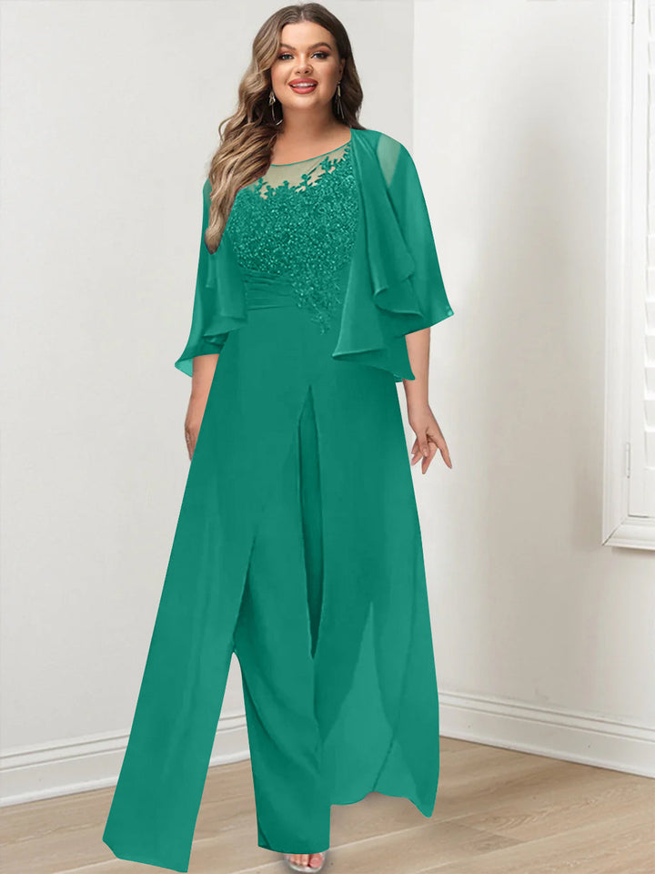 A-Line/Princess Scoop Floor-Length Plus Size Mother of the Bride Jumpsuits with Jacket, Split Side & Appliques
