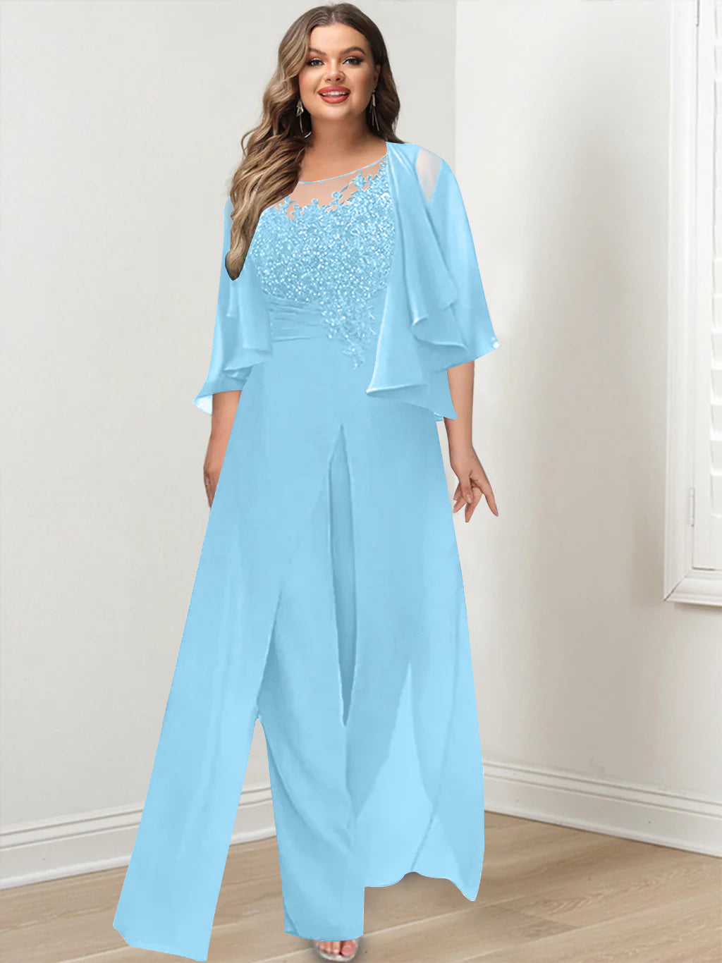 A-Line/Princess Scoop Floor-Length Plus Size Mother of the Bride Jumpsuits with Jacket, Split Side & Appliques