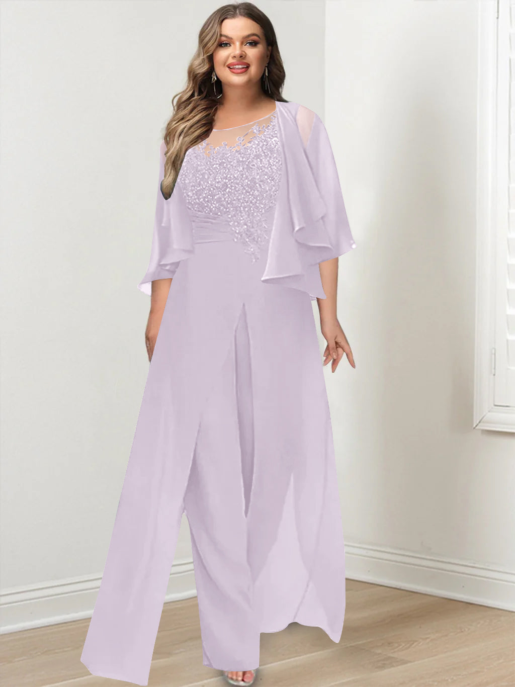 A-Line/Princess Scoop Floor-Length Plus Size Mother of the Bride Jumpsuits with Jacket, Split Side & Appliques