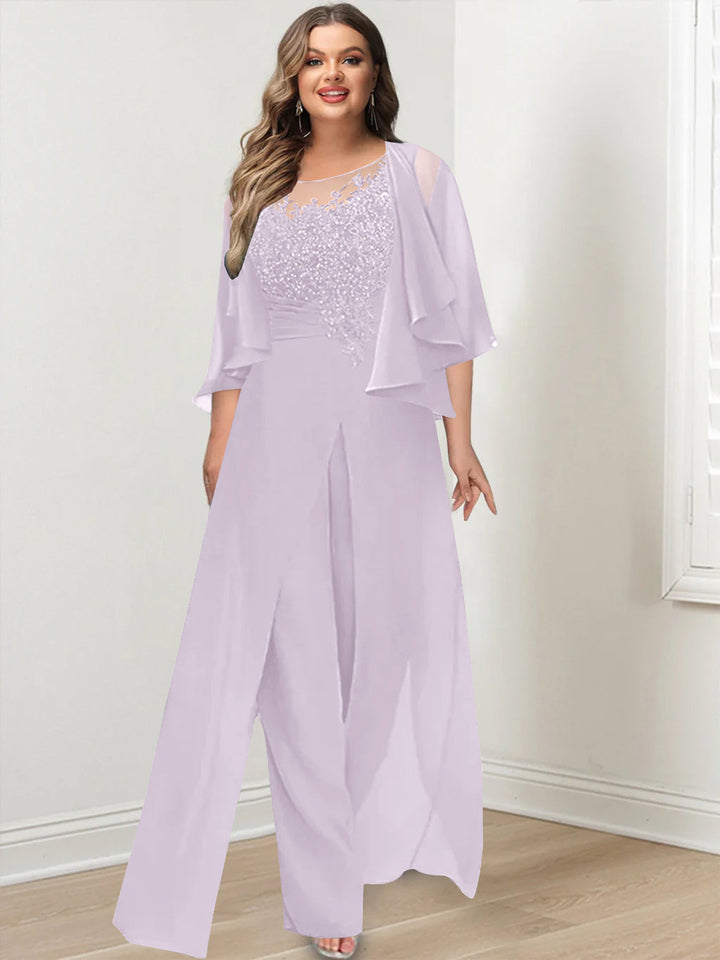 A-Line/Princess Scoop Floor-Length Plus Size Mother of the Bride Jumpsuits with Jacket, Split Side & Appliques