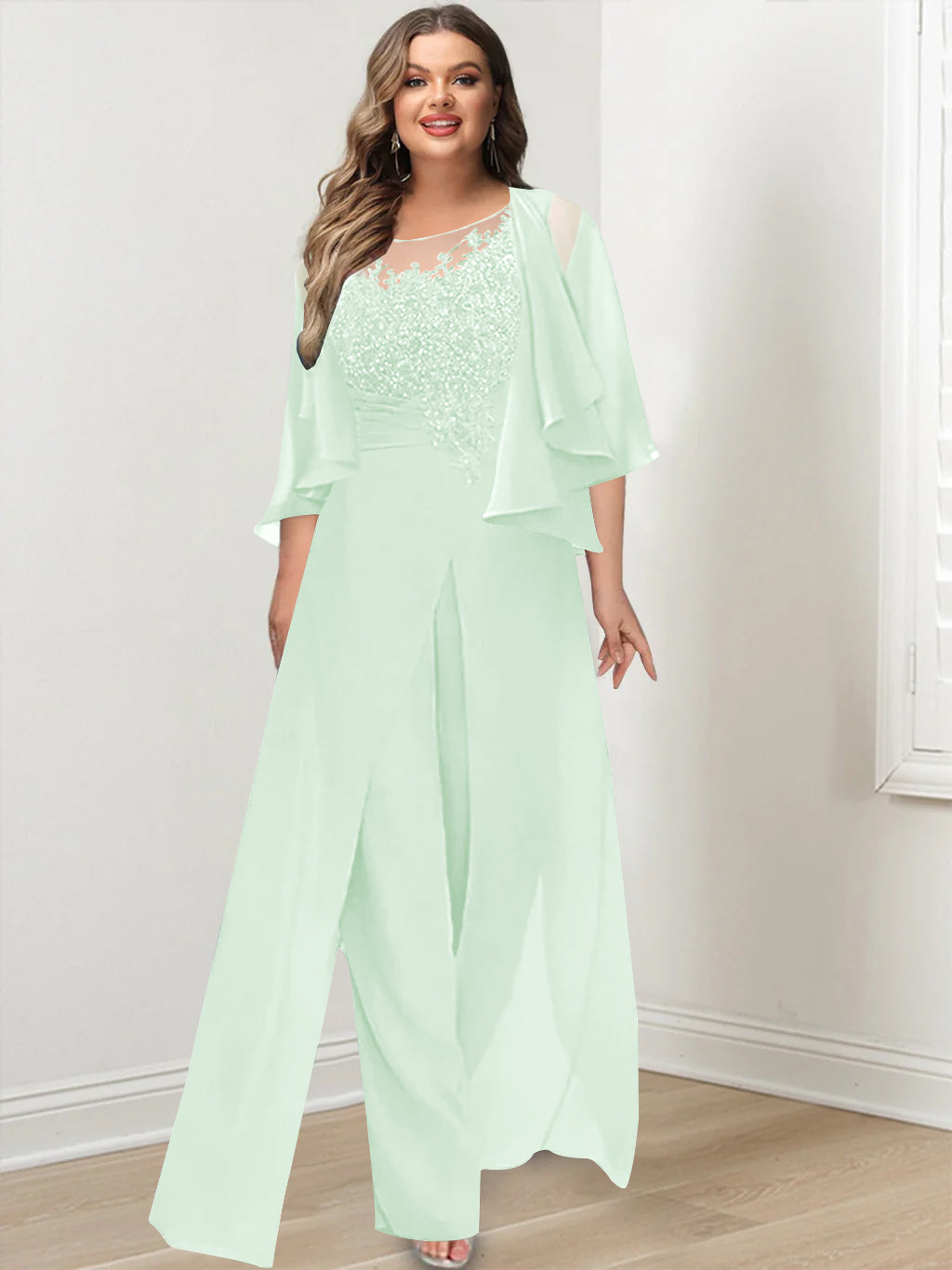 A-Line/Princess Scoop Floor-Length Plus Size Mother of the Bride Jumpsuits with Jacket, Split Side & Appliques
