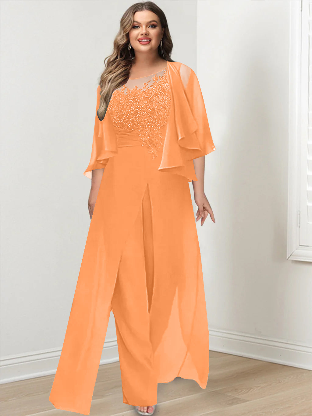 A-Line/Princess Scoop Floor-Length Plus Size Mother of the Bride Jumpsuits with Jacket, Split Side & Appliques