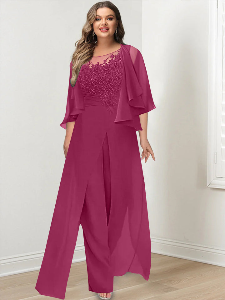 A-Line/Princess Scoop Floor-Length Plus Size Mother of the Bride Jumpsuits with Jacket, Split Side & Appliques