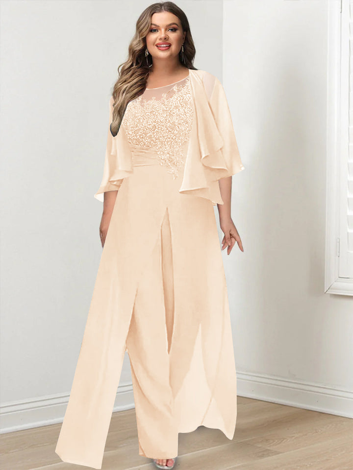 A-Line/Princess Scoop Floor-Length Plus Size Mother of the Bride Jumpsuits with Jacket, Split Side & Appliques