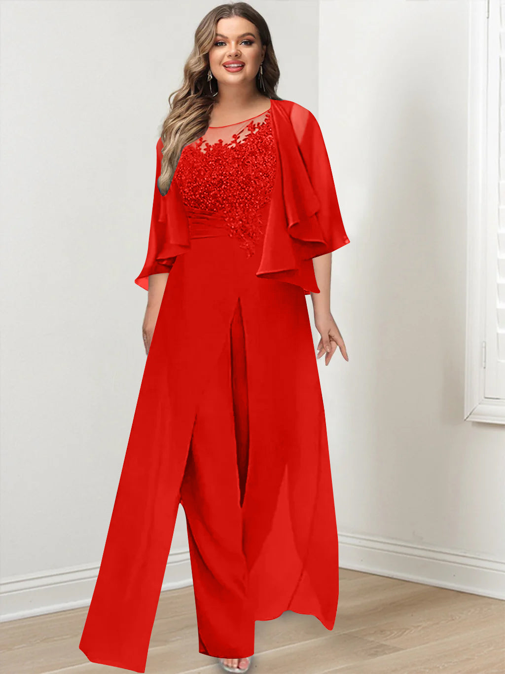 A-Line/Princess Scoop Floor-Length Plus Size Mother of the Bride Jumpsuits with Jacket, Split Side & Appliques