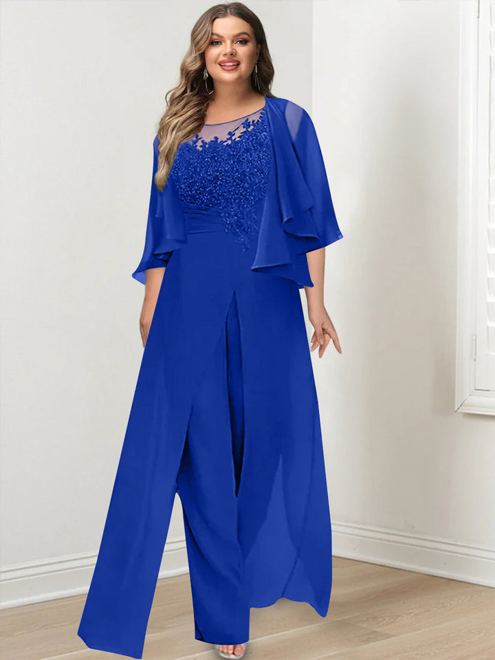 A-Line/Princess Scoop Floor-Length Plus Size Mother of the Bride Jumpsuits with Jacket, Split Side & Appliques
