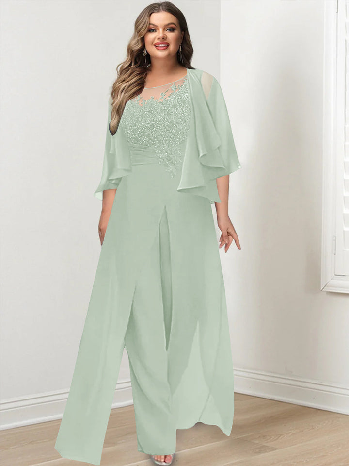 A-Line/Princess Scoop Floor-Length Plus Size Mother of the Bride Jumpsuits with Jacket, Split Side & Appliques