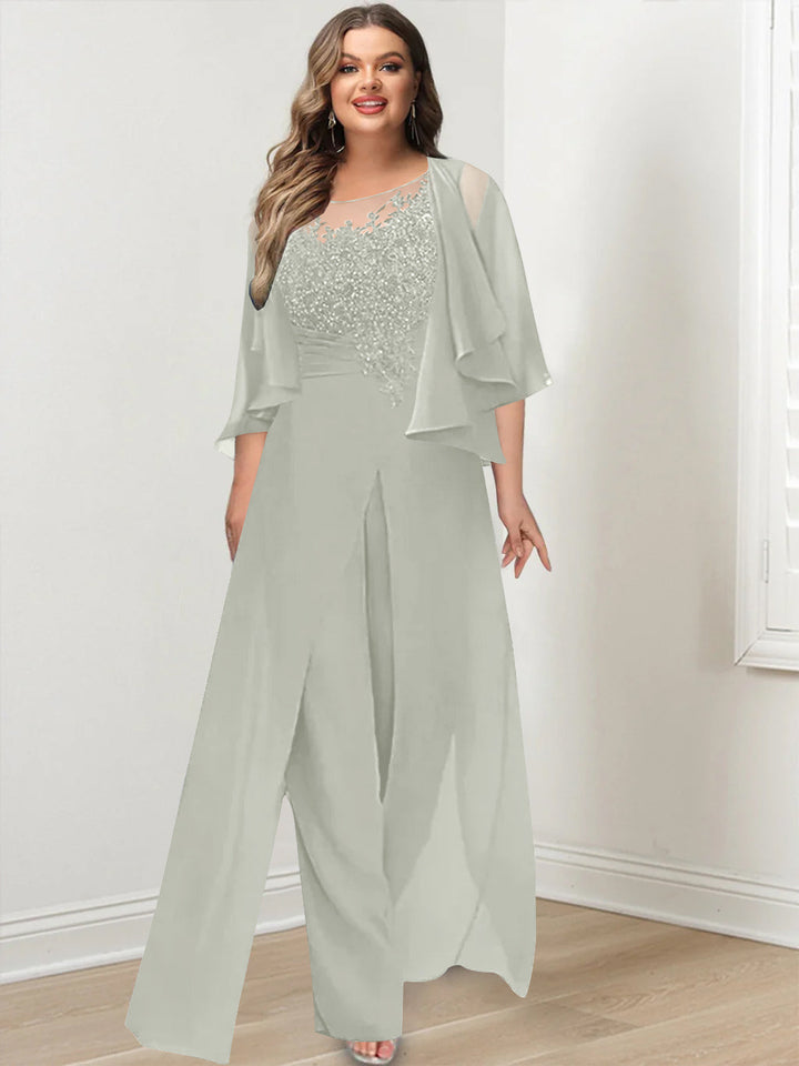 A-Line/Princess Scoop Floor-Length Plus Size Mother of the Bride Jumpsuits with Jacket, Split Side & Appliques