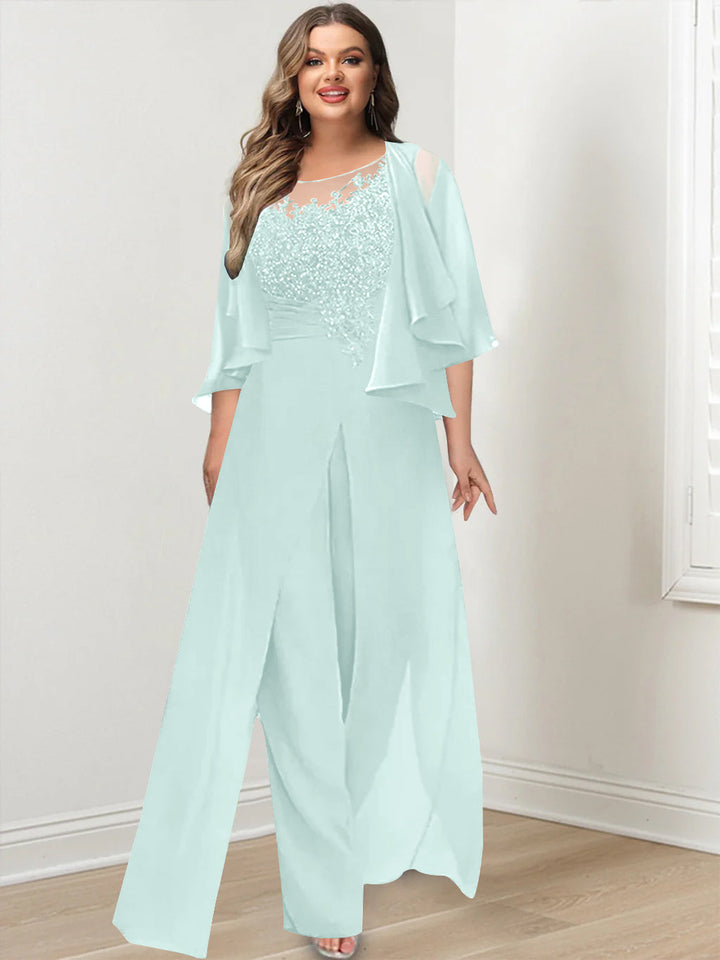 A-Line/Princess Scoop Floor-Length Plus Size Mother of the Bride Jumpsuits with Jacket, Split Side & Appliques