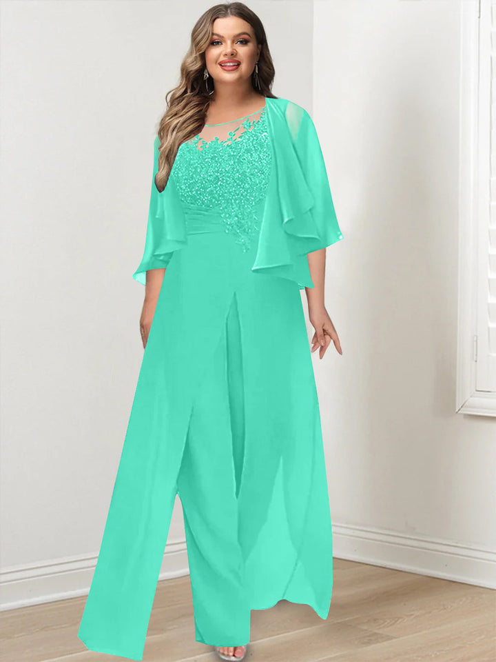 A-Line/Princess Scoop Floor-Length Plus Size Mother of the Bride Jumpsuits with Jacket, Split Side & Appliques