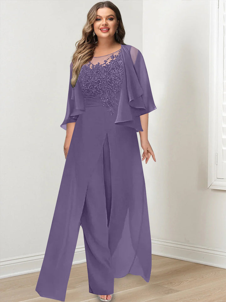 A-Line/Princess Scoop Floor-Length Plus Size Mother of the Bride Jumpsuits with Jacket, Split Side & Appliques