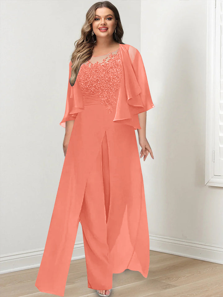 A-Line/Princess Scoop Floor-Length Plus Size Mother of the Bride Jumpsuits with Jacket, Split Side & Appliques