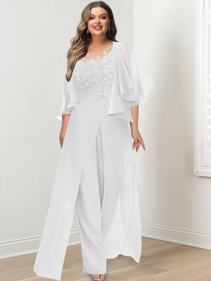 A-Line/Princess Scoop Floor-Length Plus Size Mother of the Bride Jumpsuits with Jacket, Split Side & Appliques