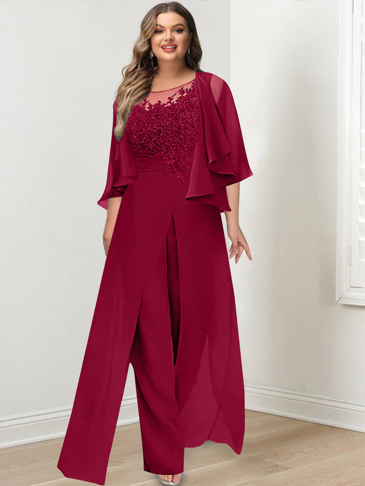 A-Line/Princess Scoop Floor-Length Plus Size Mother of the Bride Jumpsuits with Jacket, Split Side & Appliques
