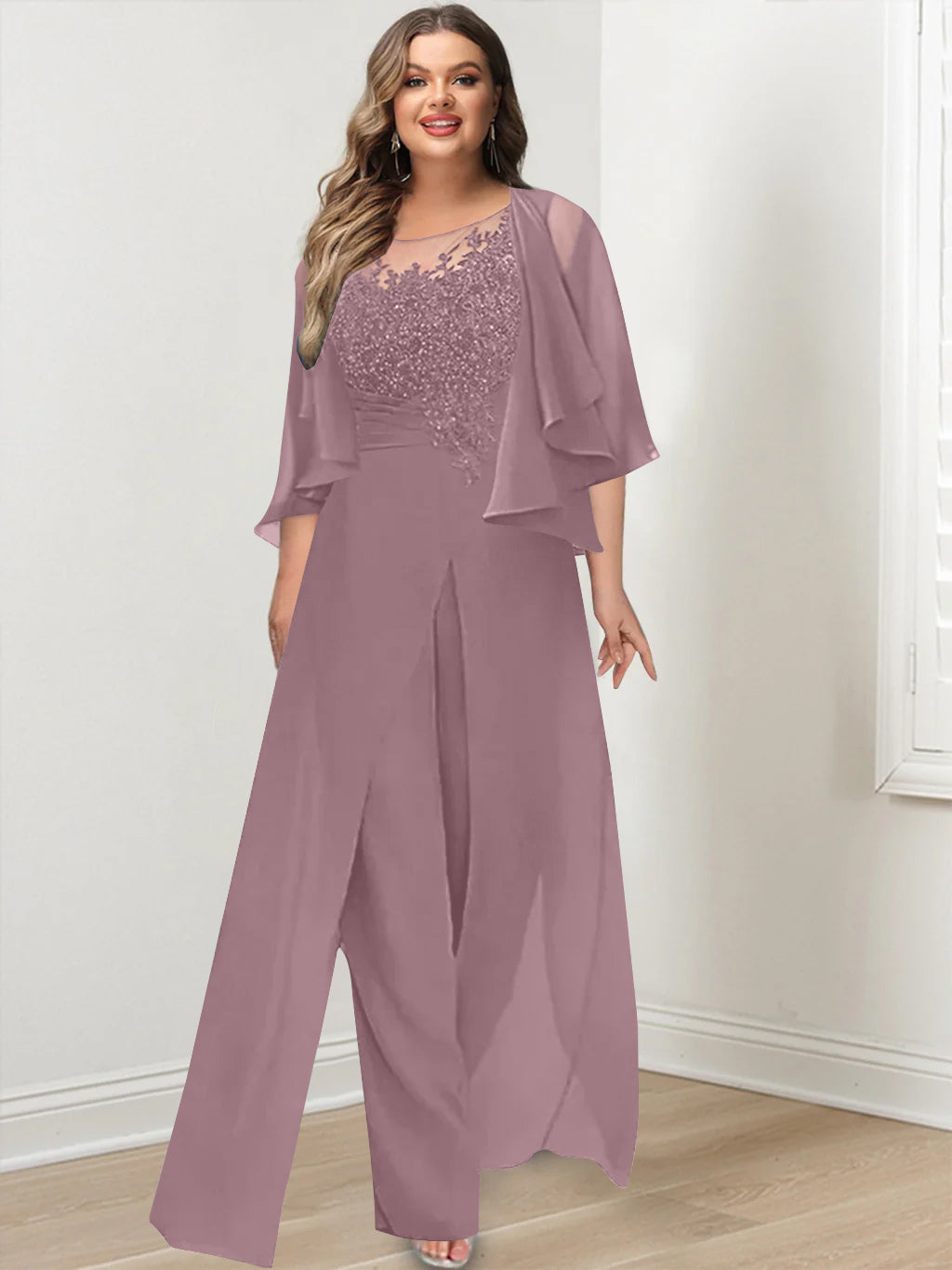 A-Line/Princess Scoop Floor-Length Plus Size Mother of the Bride Jumpsuits with Jacket, Split Side & Appliques