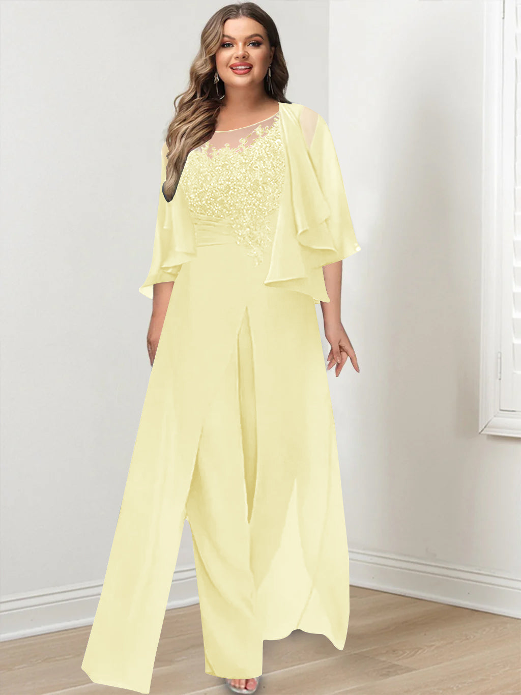 A-Line/Princess Scoop Floor-Length Plus Size Mother of the Bride Jumpsuits with Jacket, Split Side & Appliques