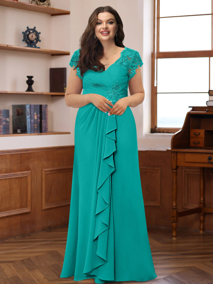 A-Line/Princess V-Neck Short Sleeves Pleated Plus Size Mother of the Bride & Groom Dresses with Ruffles & Appliques