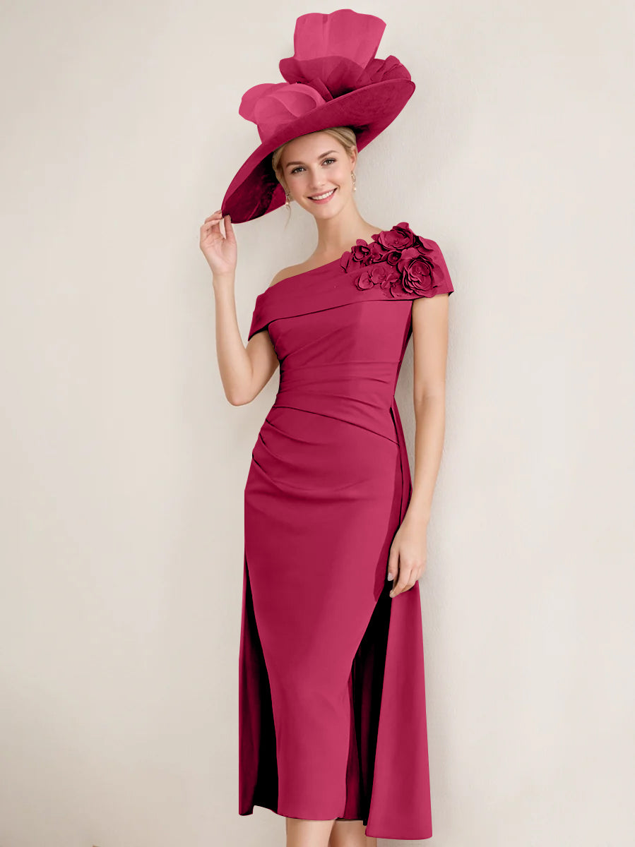 Sheath/Column Off-the-Shoulder Pleated Tea-Length Mother of the Bride Dresses with 3D Flower