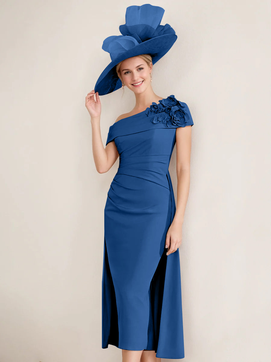 Sheath/Column Off-the-Shoulder Pleated Tea-Length Mother of the Bride Dresses with 3D Flower