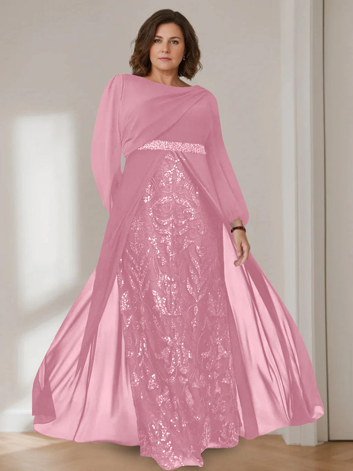 A-Line/Princess Scoop Long Sleeves Floor-Length Plus Size Mother of the Bride Dresses with Sequins