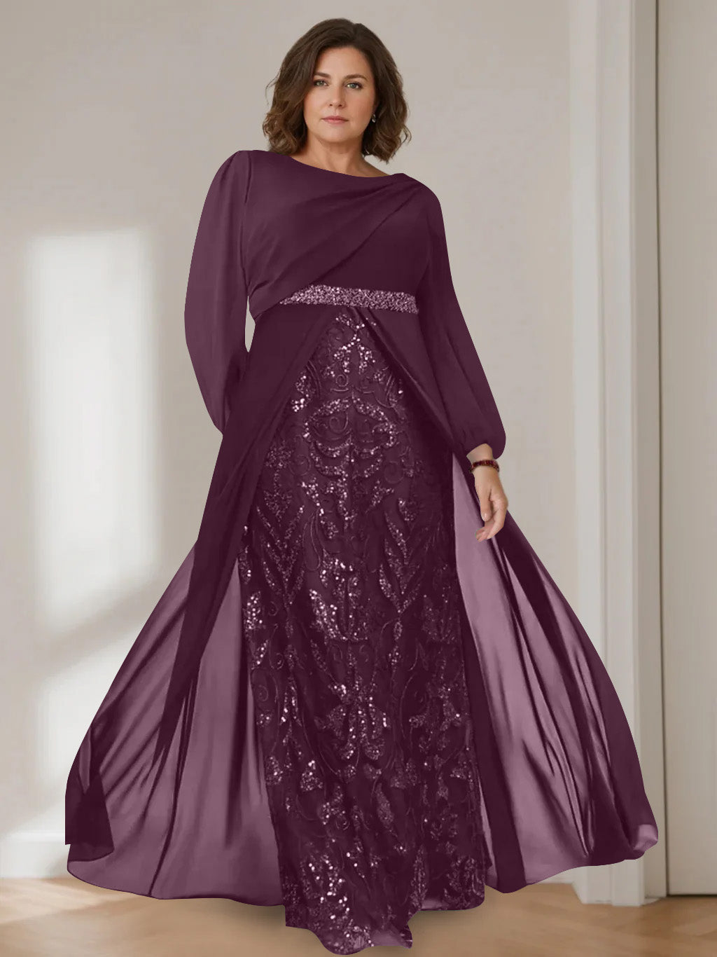 A-Line/Princess Scoop Long Sleeves Floor-Length Plus Size Mother of the Bride Dresses with Sequins