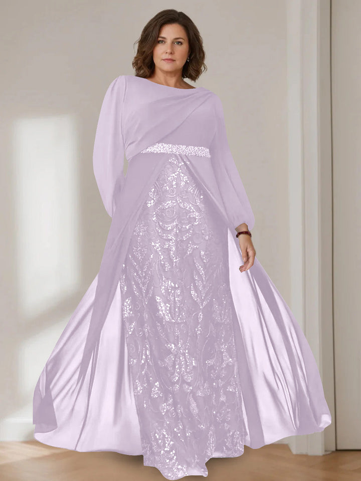 A-Line/Princess Scoop Long Sleeves Floor-Length Plus Size Mother of the Bride Dresses with Sequins
