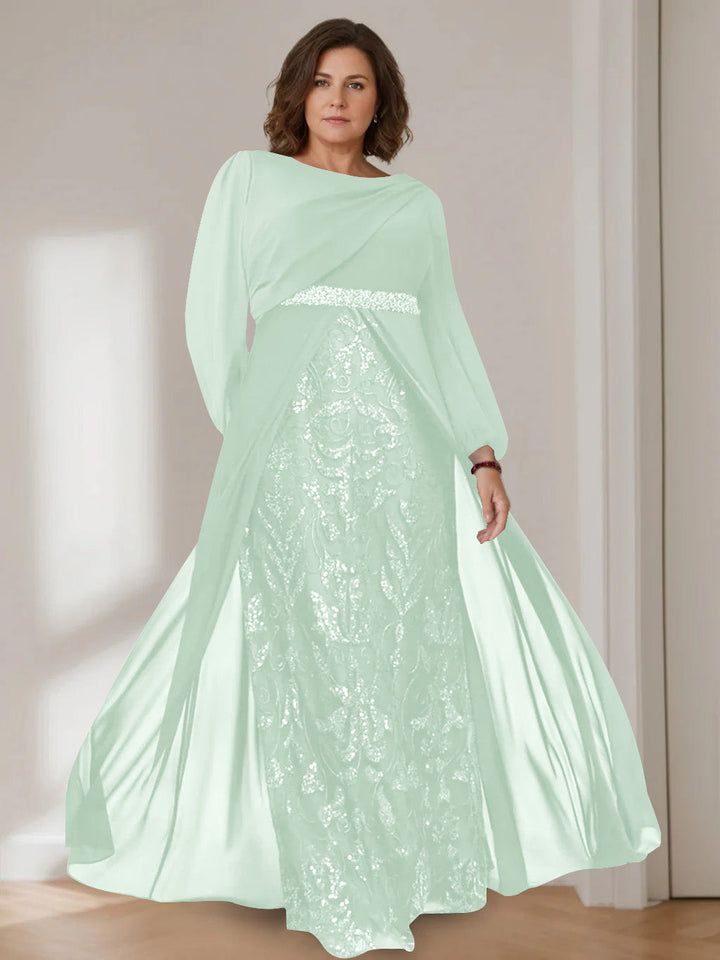 A-Line/Princess Scoop Long Sleeves Floor-Length Plus Size Mother of the Bride Dresses with Sequins