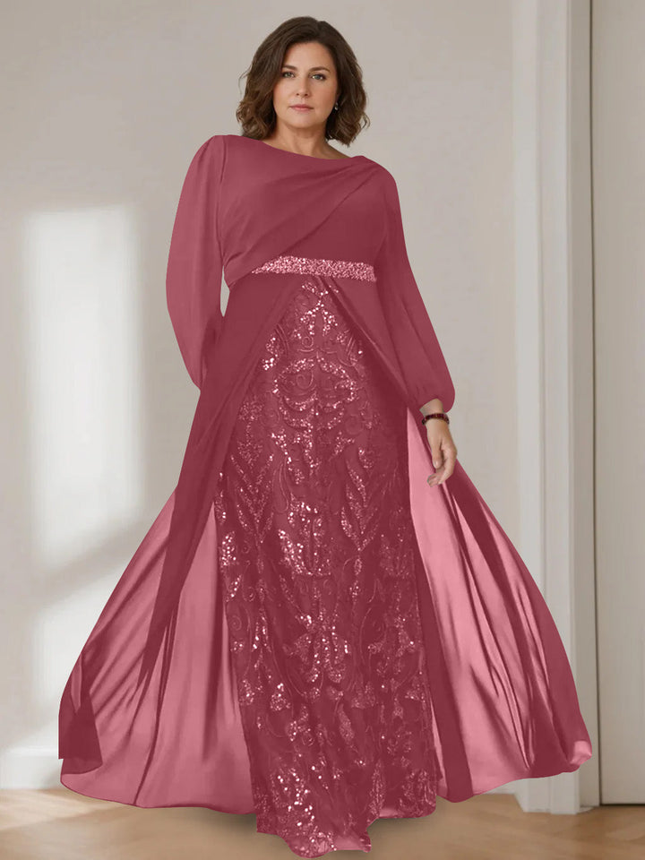 A-Line/Princess Scoop Long Sleeves Floor-Length Plus Size Mother of the Bride Dresses with Sequins