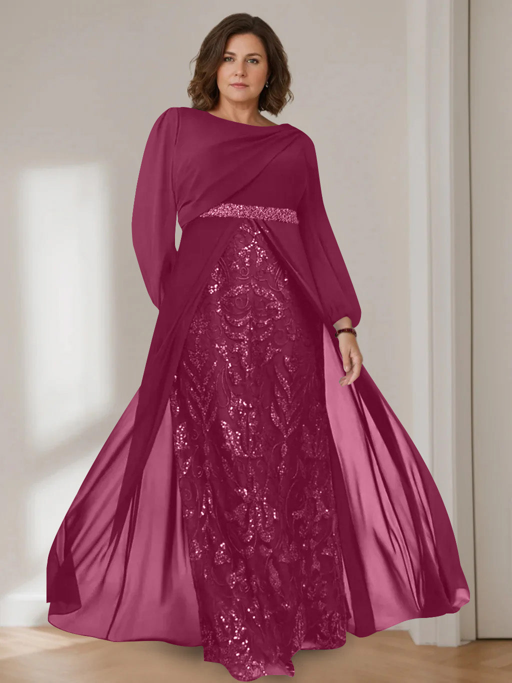 A-Line/Princess Scoop Long Sleeves Floor-Length Plus Size Mother of the Bride Dresses with Sequins