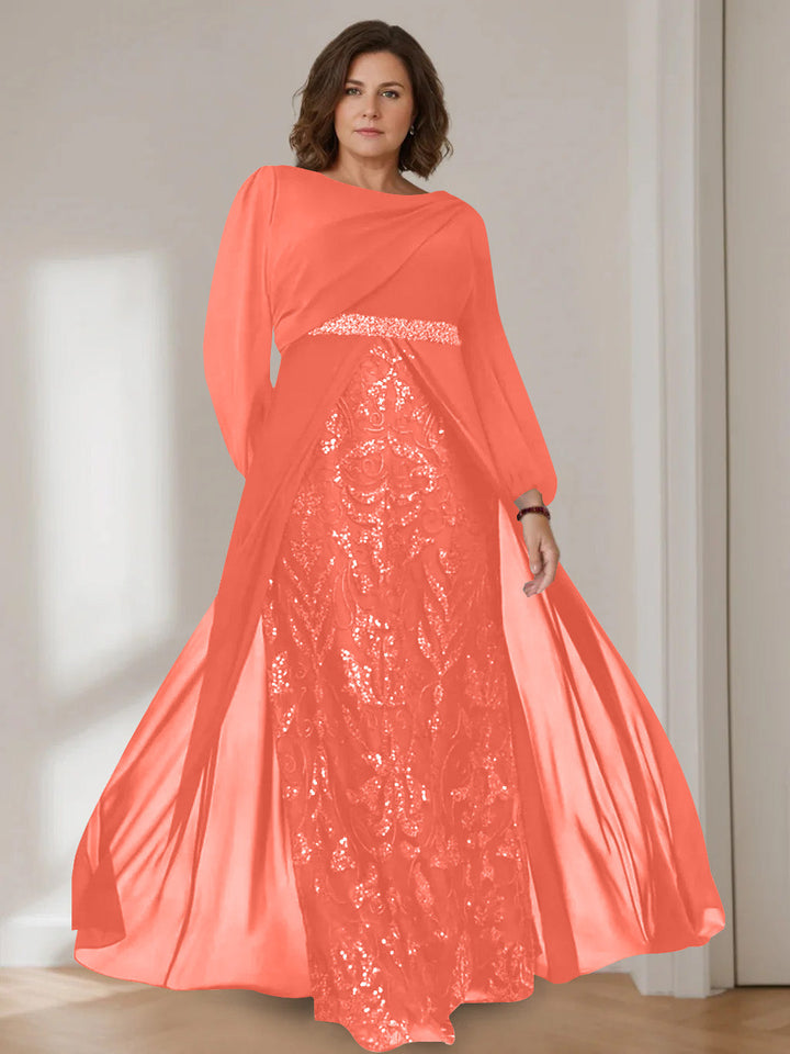 A-Line/Princess Scoop Long Sleeves Floor-Length Plus Size Mother of the Bride Dresses with Sequins