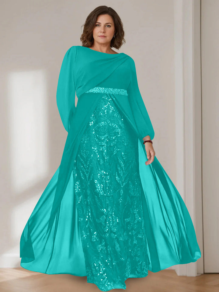 A-Line/Princess Scoop Long Sleeves Floor-Length Plus Size Mother of the Bride Dresses with Sequins