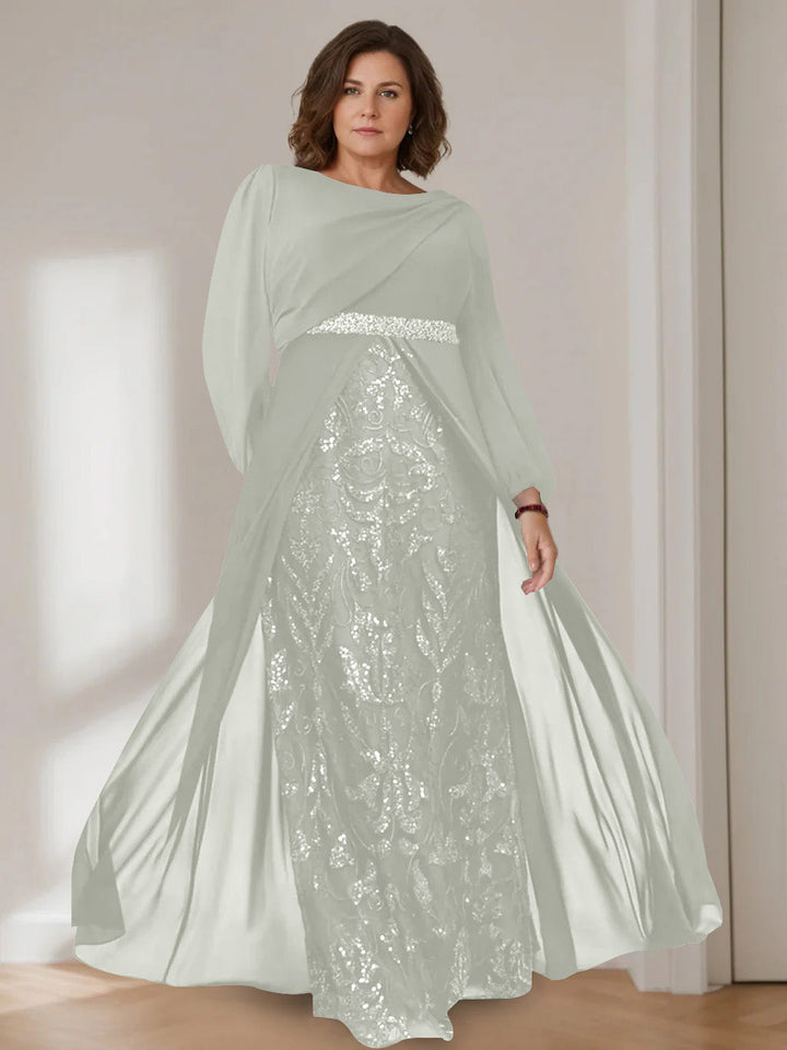 A-Line/Princess Scoop Long Sleeves Floor-Length Plus Size Mother of the Bride Dresses with Sequins